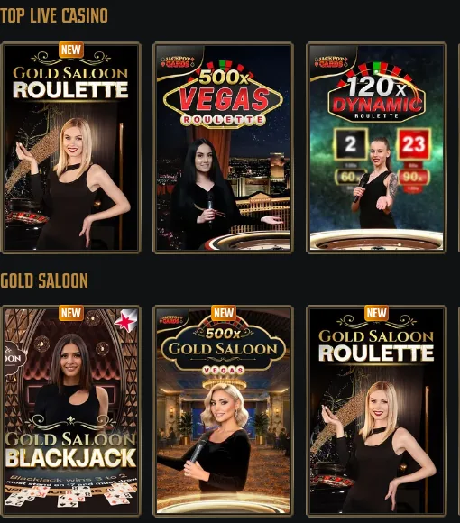 Live casino van Gransino: tafels met echte dealers, rijen Top Live Casino en Gold Saloon